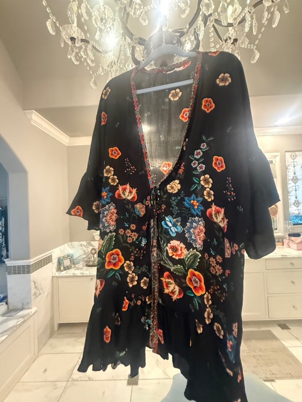 Johnny Was Nora Ruffle Kimono Black Floral Silk Boho Duster Cover-Up - Picture 3 of 13